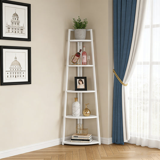Emootto 70" Tall Modern White Corner Ladder Shelf, 5-Tier Industrial Corner Bookshelf with Slim Metal Frame, Space-Saving Plant Stand & Storage Organizer for Bathroom, Living Room, Kitchen