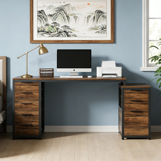 Emoottoo Computer Desk with 8 Drawers, 63" Office Desk with Reversible File Cabinet and Storage Drawers, Industrial PC Desk Study Writing Table Workstation for Home Office, Rustic Brown